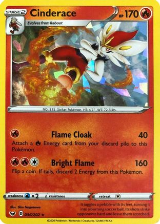 Cinderace (036/202) (Cracked Ice Holo) (Theme Deck Exclusives) [Sword & Shield: Base Set]